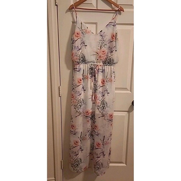 Guess Sundress Large White Floral Maxi Lined Side Slits Beachy Adjustable Straps - Picture 1 of 15